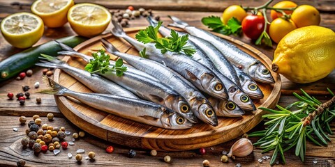Freshly caught anchovies glisten on a rustic wooden table, surrounded by Mediterranean herbs and lemons, evoking the