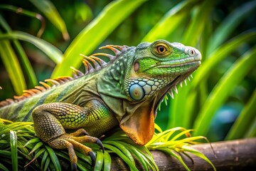 Naklejka premium An energetic iguana relaxes on a branch amid abundant green leaves in a tropical environment.
