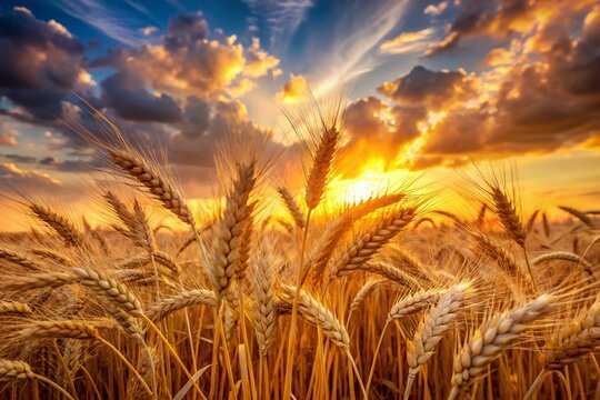 Freshly harvested stalks of golden wheat sway gently in the breeze, set against a warm sunset sky with