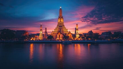 The majestic Prang of Wat Arun illuminated against a vibrant sunset sky, with the Chao Phraya River reflecting the temple's beauty.