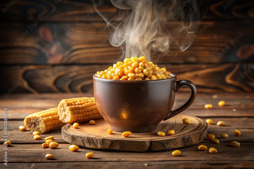 Wall mural freshly poured steaming hot cup of golden yellow corn kernels overflowing from a rustic ceramic mug 