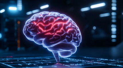 A futuristic representation of a brain illuminated with neon colors, symbolizing advanced technology and cognitive function.