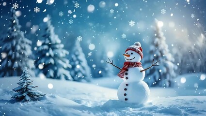 A cheerful snowman in a red hat and scarf stands in the snow, surrounded by a winter landscape for a festive greeting card, Generative AI.
