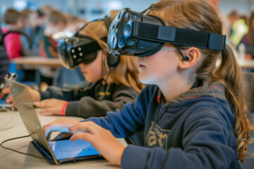 World Children's Day: Kids exploring technology, interacting with tablets, VR headsets, coding, and building robots.