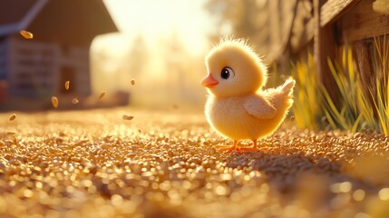 illustration of a cute baby chicken pecking around a sunlit barnyard with scattered grains