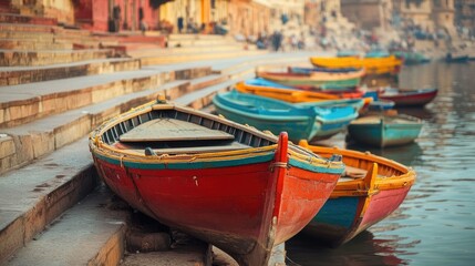Obraz premium Varanasi ghats with colorful boats on the Ganges River.