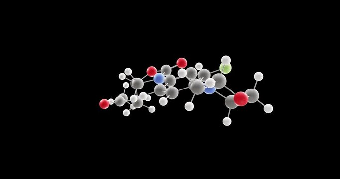 Linezolid molecule, rotating 3D model of antibiotic, looped video on a black background