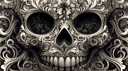 Naklejka premium Decorative skull art, highly detailed, intricate patterns, artistic background