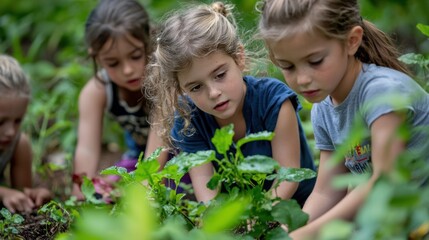 Children in nature, outdoor education with a teacher teaching them about plants and wildlife. Kids doing garden work together. A group of school children looking at leaves while having fun on a summer