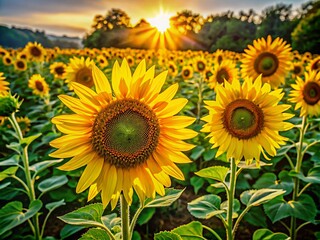 Obraz premium Golden sunflowers sway gently in the morning breeze, their bright yellow petals shining like miniature suns amidst a sea of lush green in a peaceful landscape.