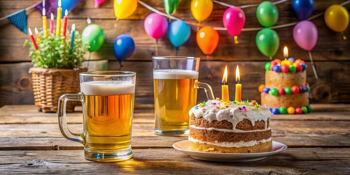 Frothy glasses of cold beer and colorful party decorations surround a vibrant birthday cake with lit candles on