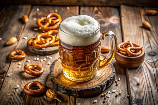 Frothy golden lager overflowing from a sturdy, rustic ceramic mug adorned with intricate designs, resting on a