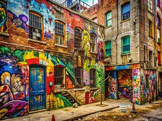 Fototapeta premium Vibrant urban collage of weathered walls featuring eclectic mix of graffiti art in varying colors, styles, and textures, with abstract shapes and bold typography.