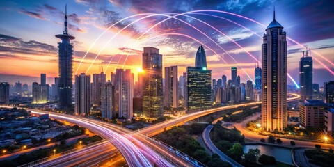 Fototapeta premium Futuristic cityscape at sunset with sleek skyscrapers, neon lights, and fibers optic cables radiating from a central