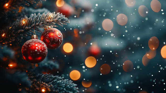 Detailaufnahme eines Weihnachtsbaums mit festlicher Hintergrund Dekoration, ideal f&uuml;r Textplatzierung