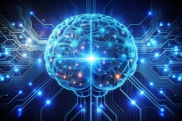 Obraz premium Futuristic visual representation of circuitry and wires forming a digital brain, surrounded by glowing blue lines and
