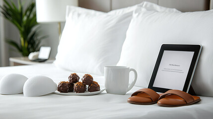 a hotel bed turn-down service, featuring chocolate truffles on the pillow, slippers by the bedside, and a tablet displaying a personalized welcome message