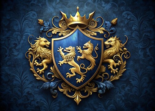 Gilded shield adorned with regal crests, mythical beasts, and ornate foliage, symbolizing power, honor, and nobility,