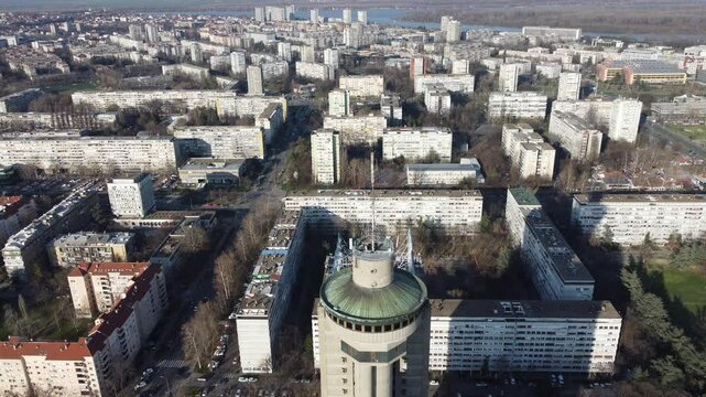 Drone view of the Belgrade Western Gate Genex tower, New Belgrade district, Serbia. Europe