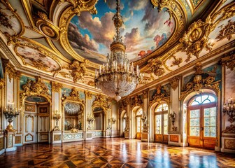 Fototapeta premium Grandiose vacant room adorned with intricate gold moldings, ornate chandeliers, and lavish frescoed ceilings, exuding opulence and refinement in an elegant baroque interior.