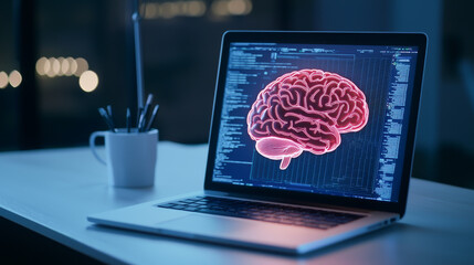 A modern laptop displays a glowing brain illustration, symbolizing digital technology and cognitive processes in a stylish workspace.