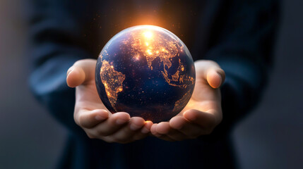 A person holds a glowing globe, symbolizing care for the planet and global connections in a modern world.
