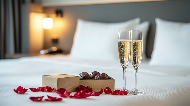 an expertly made hotel bed with a heart-shaped arrangement of rose petals, a box of premium chocolates, and a pair of champagne flutes