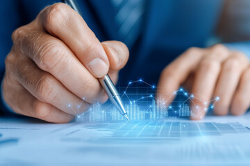 A professional hand holding a pen, signing documents with digital graphs and data overlays in a business environment.