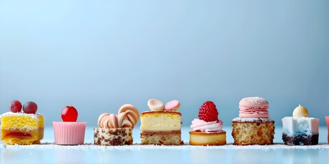 Colorful Assortment of Petit Fours Artfully Arranged on Sky Blue Surface with Elegant High Key Lighting