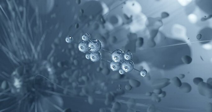 Benzene rotating molecular 3d structure ball-and-stick model, looped video aromatic hydrocarbon