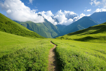 A scenic view of a winding path through lush green fields, surrounded by majestic mountains and a bright blue sky.