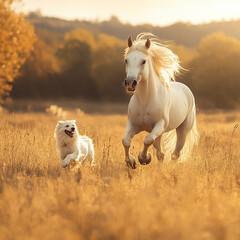 A majestic horse running through field with loyal dog, both exuding joy and freedom in golden sunlight.