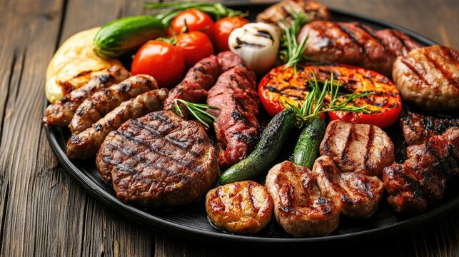 A plate of assorted grilled meats and vegetables, leaving space for text on the side.