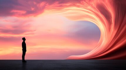 Fototapeta premium A silhouette of a person stands in awe of a vibrant, swirling sunset with dramatic cloud formations, evoking emotion and wonder.