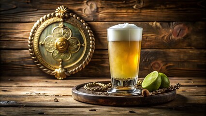 Golden-hued frothy beverage in a curved glass, adorned with a ornate metal emblem, garnished with a lime wedge,