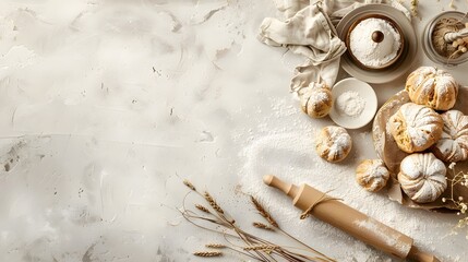 Overhead View of a Baker s Workstation with Freshly Baked Pastries and Minimalist Scandinavian Styling