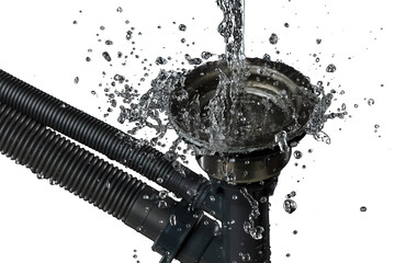 Drain sink leak water from pipe plumbing in bathroom as water splash clogged drop. Pouring Leaking...
