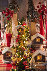 Fototapeta premium Christmas table setting indoors Christmas decoration in classic red and gold color scheme