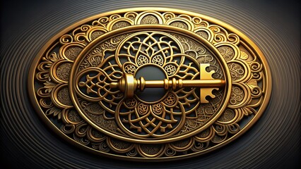 Golden key unlocking a stylized circular emblem with intricate patterns and shapes, symbolizing exclusive entry,