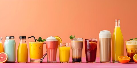 Vibrant Assortment of Beverages and Drinks on Minimalist Colorful Background