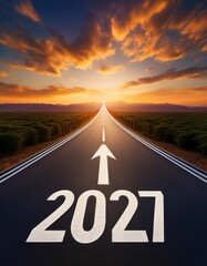 Road at sunrise with an arrow to the new year, departure into the new year 2027