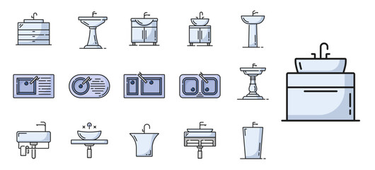 Kitchen, bathroom and basin sink line icons with water faucets and wash stands. Washbasin vector signs of plumbing fixtures with ceramic washstands, bowls and pedestals. Front and top view of sinks