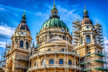 Obraz premium Grand neo-Renaissance building undergoing restoration, scaffolding wraps ornate façade, revealing intricate stonework,