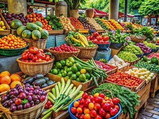 Obraz premium Vibrant array of fresh produce including juicy fruits and crisp vegetables artfully arranged at the bustling farmer's market, tempting all to indulge in healthy delight.