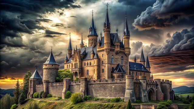 Gothic turrets pierce the tempestuous sky, their weathered stones worn smooth by the relentless passage of time, as