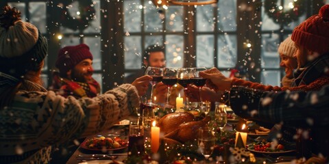 Naklejka premium Enjoy a joyous winter dinner gathering with family in a warm and inviting cabin, filled with love and laughter. Embrace the coziness of the moment in this festive Christmas celebration