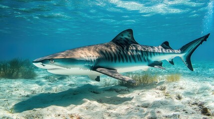 Fototapeta premium A tiger shark moves gracefully near the seabed, its striking stripes and strong presence dominating the underwater scene.