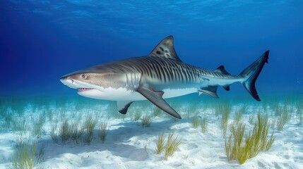 Fototapeta premium A tiger shark moves gracefully near the seabed, its striking stripes and strong presence dominating the underwater scene.