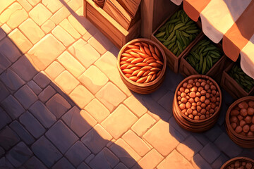 A vibrant market scene showcasing baskets filled with fresh produce and baked goods under warm sunlight.