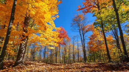 Obraz premium Vibrant Autumn Forest with Brilliant Fall Colors and Clear Blue Sky